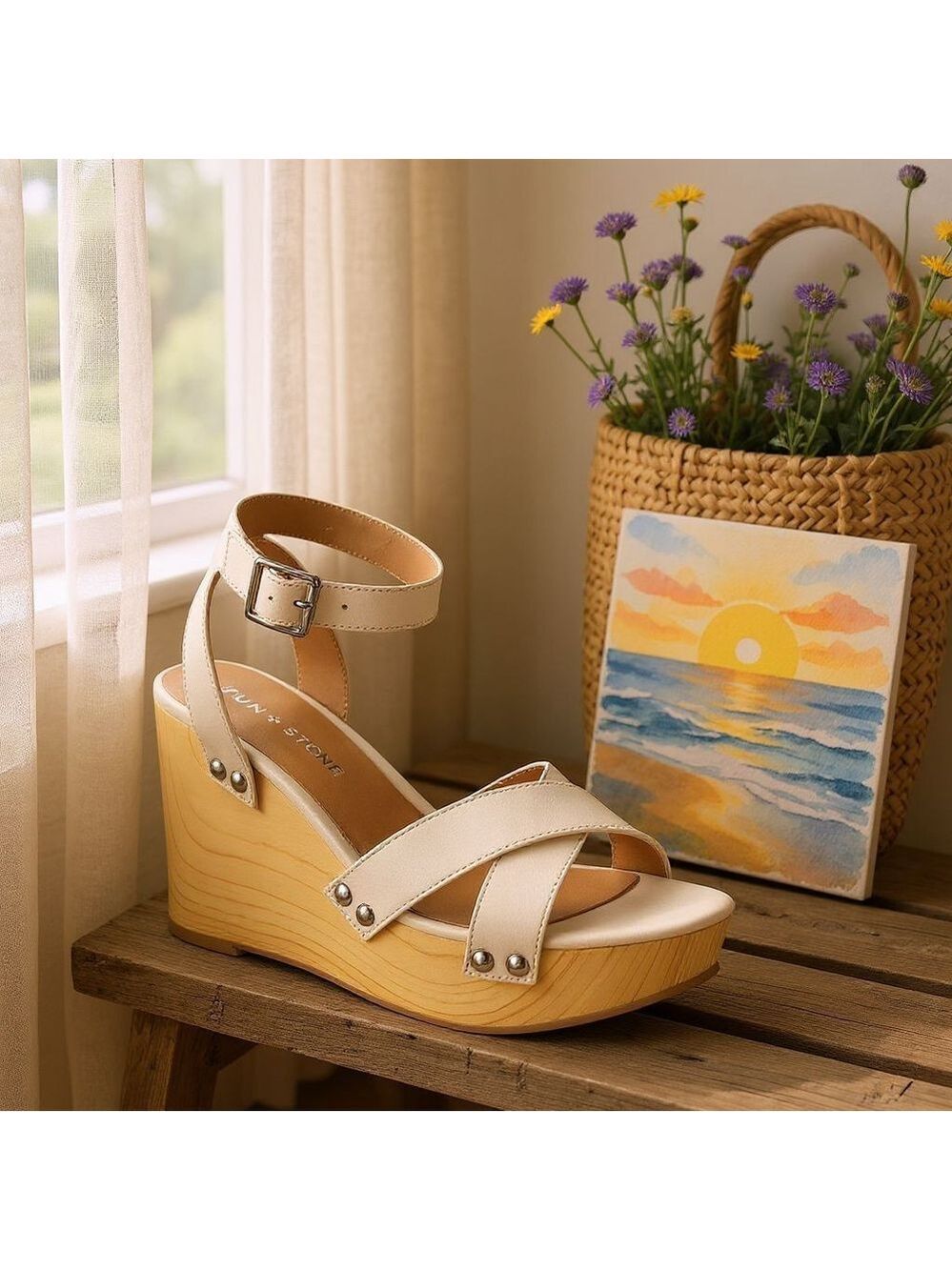 Women Cream Bone Beige Cognac Ankle Strap Classic Wooden Wedge Sandals SZ 10 M